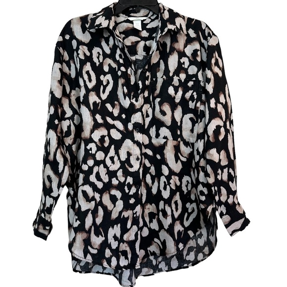 H&M XS Linen Oversized Leopard Buttoned Long Sleeve Shirt Hi low Hem Brown/Black - Picture 16 of 16